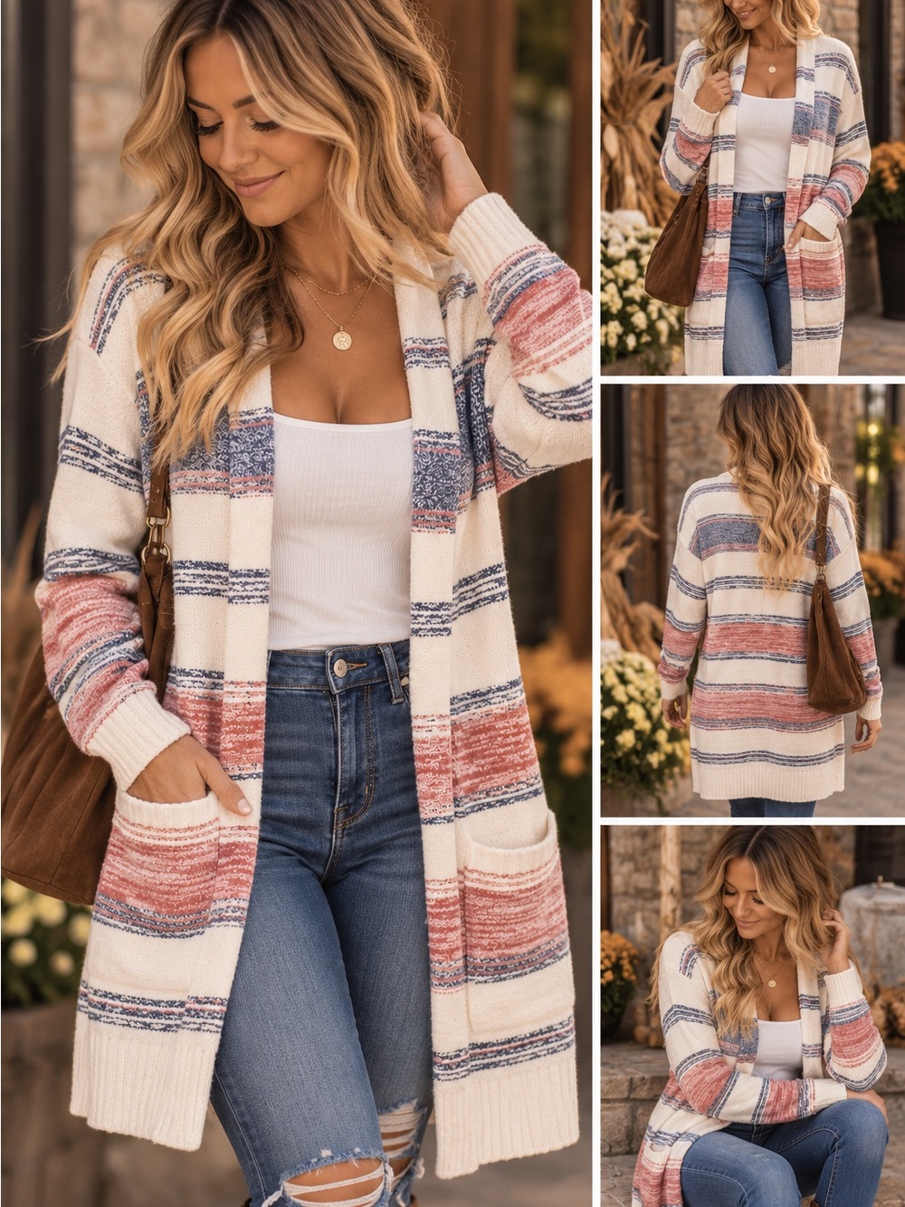 LOFT Cream Striped Open-Front Cardigan with Blue & Rose Stripes